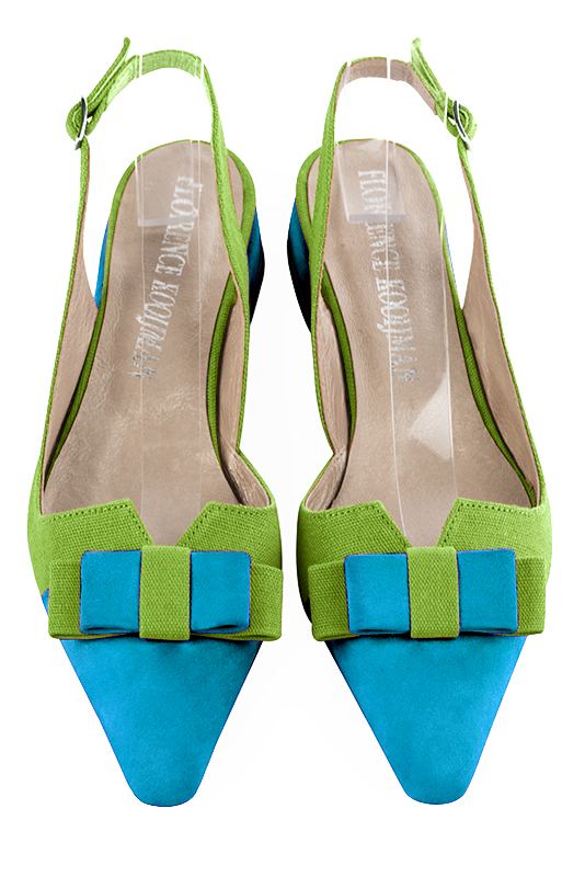 Turquoise blue and grass green women's open back shoes, with a knot. Tapered toe. Flat block heels. Top view - Florence KOOIJMAN